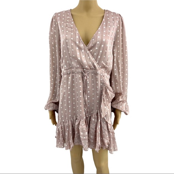 Lulus (L) Spotlight Moment Mauve Pastel Pink Polka Dot Chiffon Ruffle Mini Dress - Picture 2 of 9